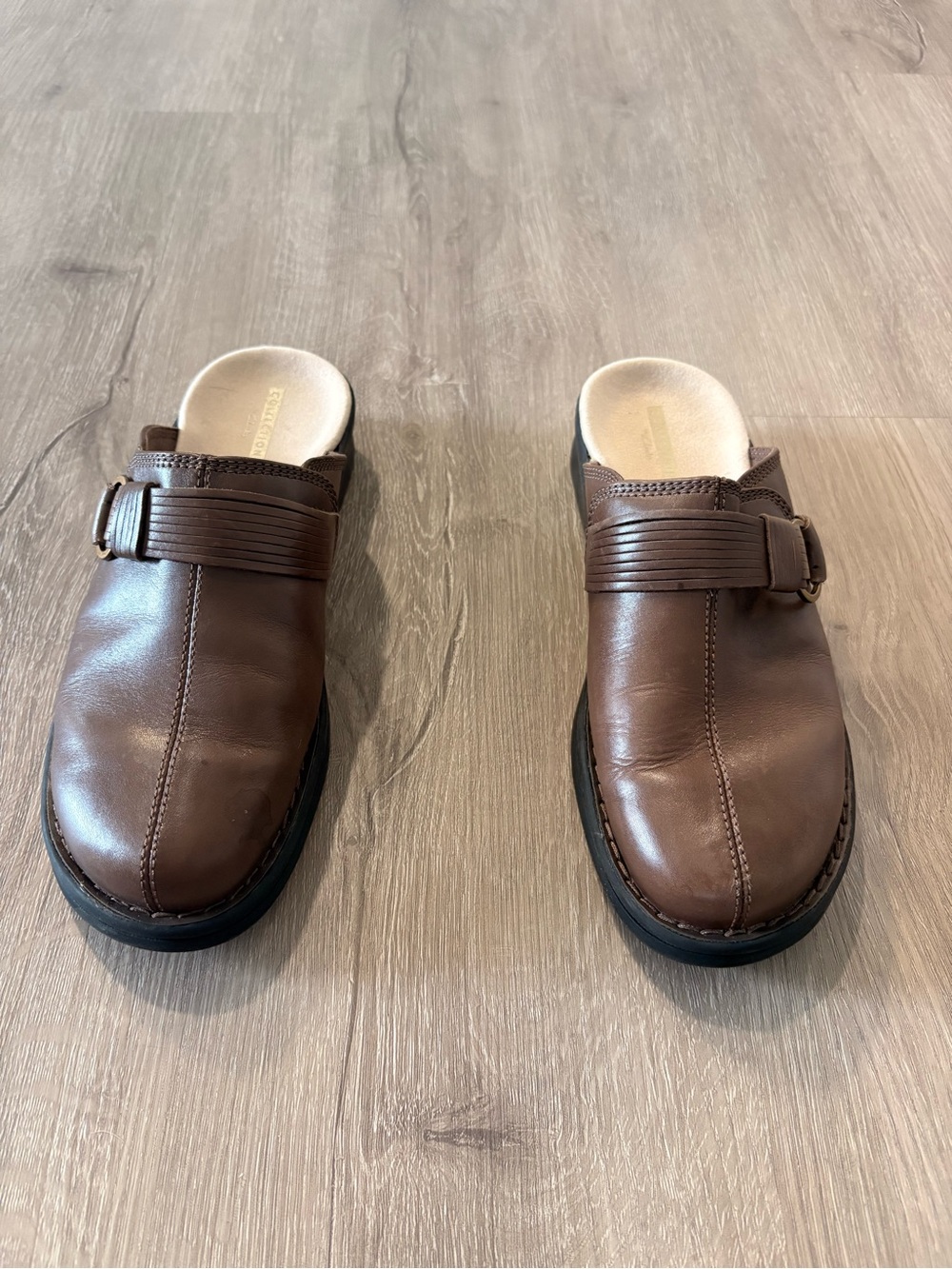 Women’s Clark’s Patty Lorene Brown Leather Slip-On Clogs with Buckle